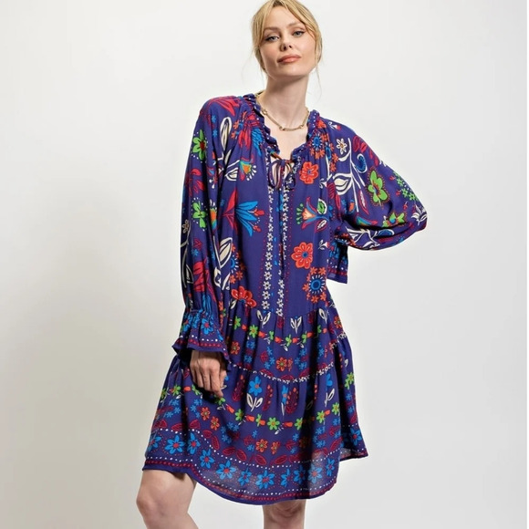 New! Easel Boho Flower Floral Blue Long Sleeve Dress - Picture 1 of 6